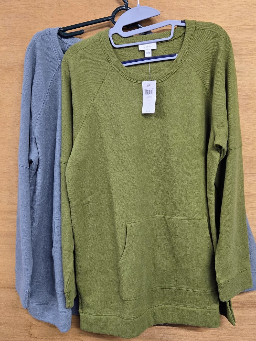 (2) J. Jill Olive Green And Blue Smoke Crewneck With Front Pocket Shirts